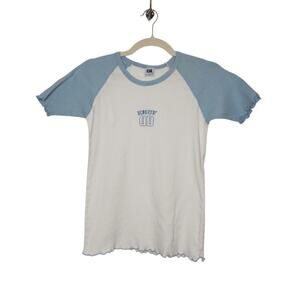 Vintage 00s ENUF Baby Tee Lettuce Hem Blue 90s y2k Shirt Top